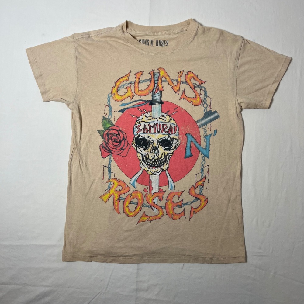 Guns N Roses Samurai Skull Graphic T-Shirt Tan Beige Mens Small 100% Cotton